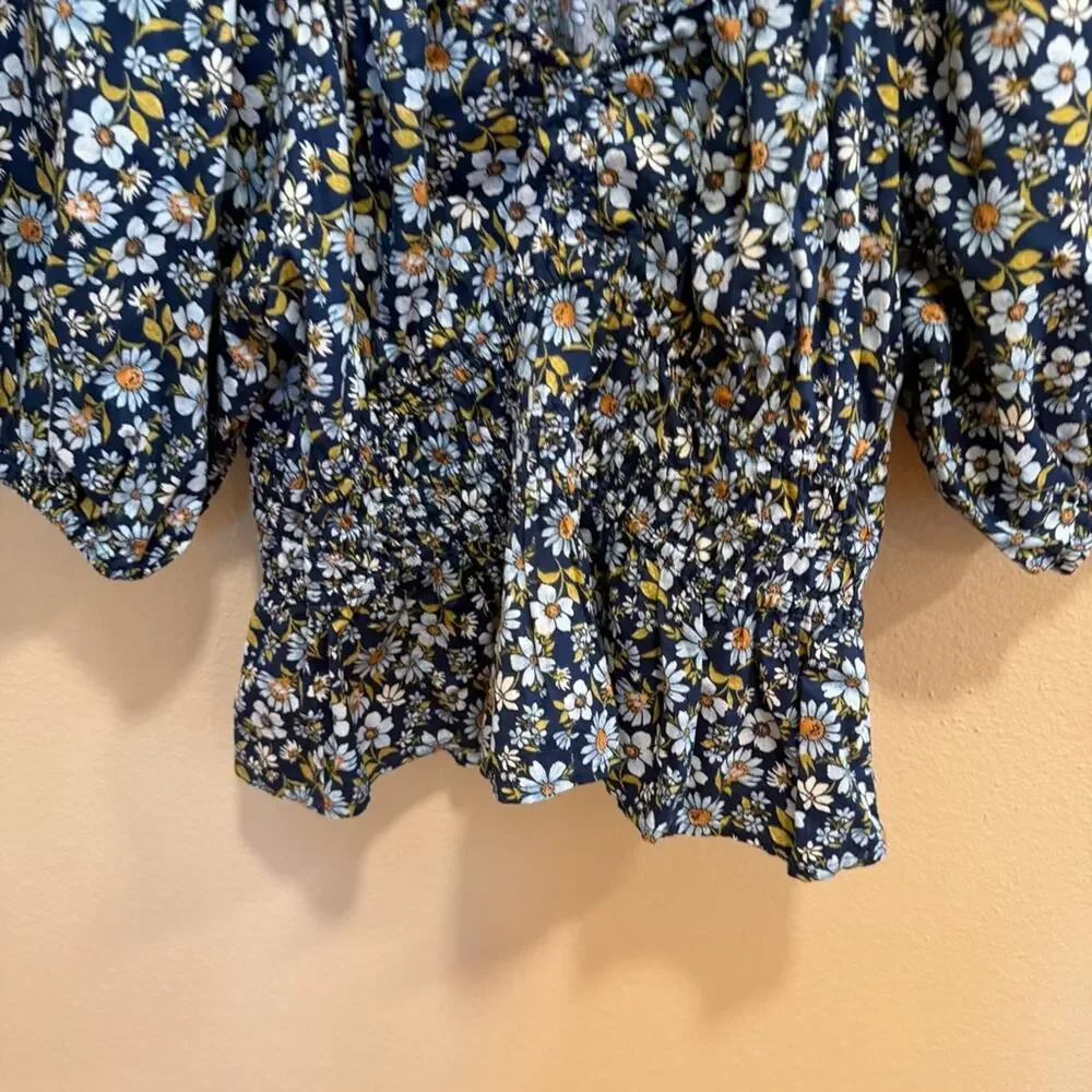 Old Navy Blue Cotton Floral Puff Sleeve Blouse Top Medium